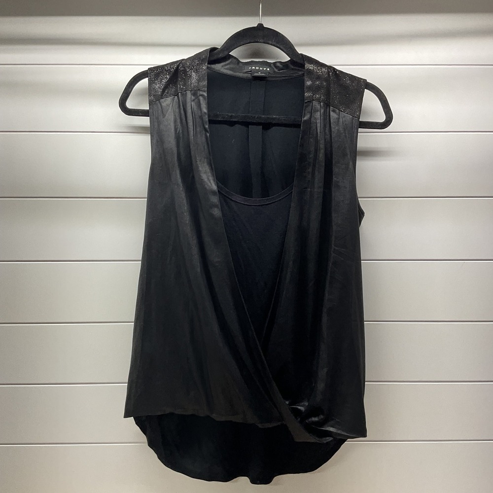 Trouve Mens Black Draped Surplice Faux Leather Trim Sleeveless Top Medium
